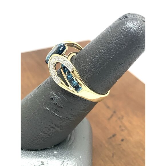 Blue Gemstone Diamond Cocktail Ring 10k Yellow Gold Estate Jewelry Womens Size 6 - Picture 9 of 14